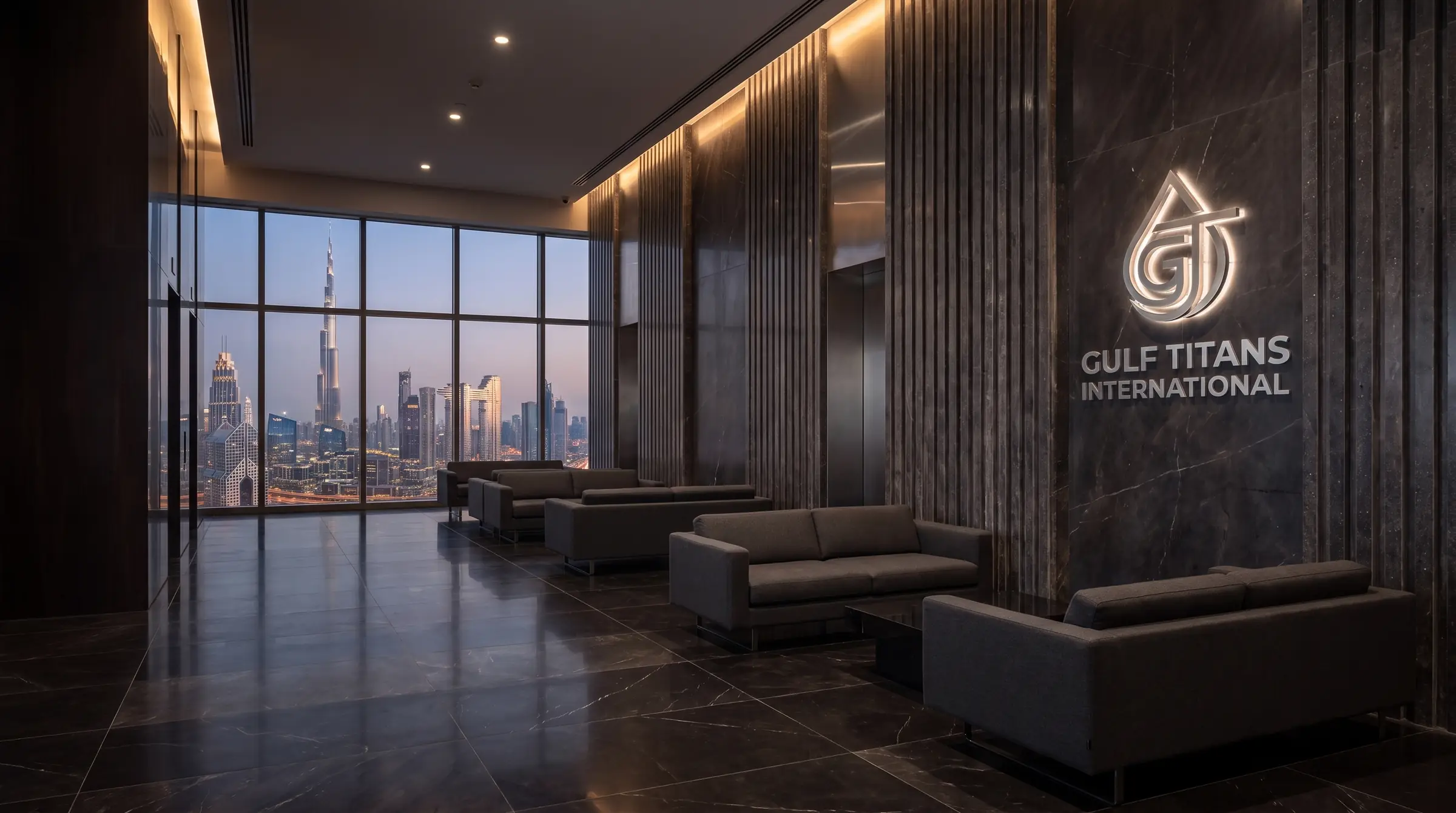 Salon de bureau donnant sur les tours illuminées de Dubaï au crépuscule