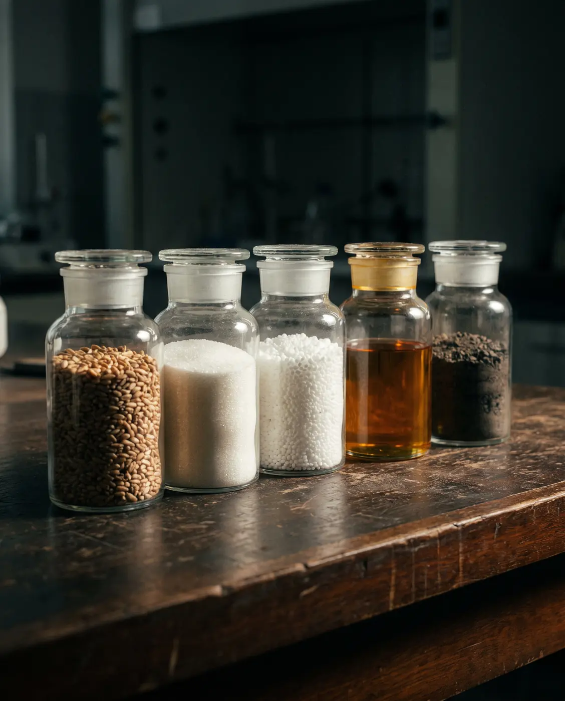 Bocaux d’échantillons sans étiquette de blé, de sucre, d’urée, de gazole et de minerai sur une paillasse de laboratoire