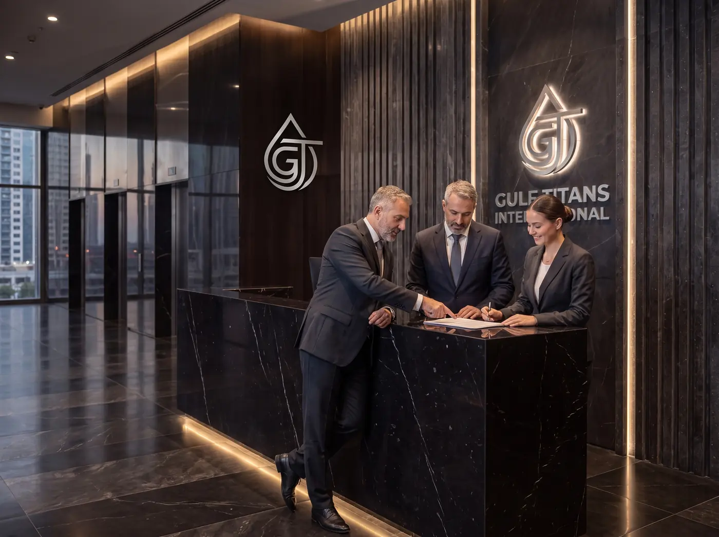Three executives reviewing a document in the Gulf Titans International office
