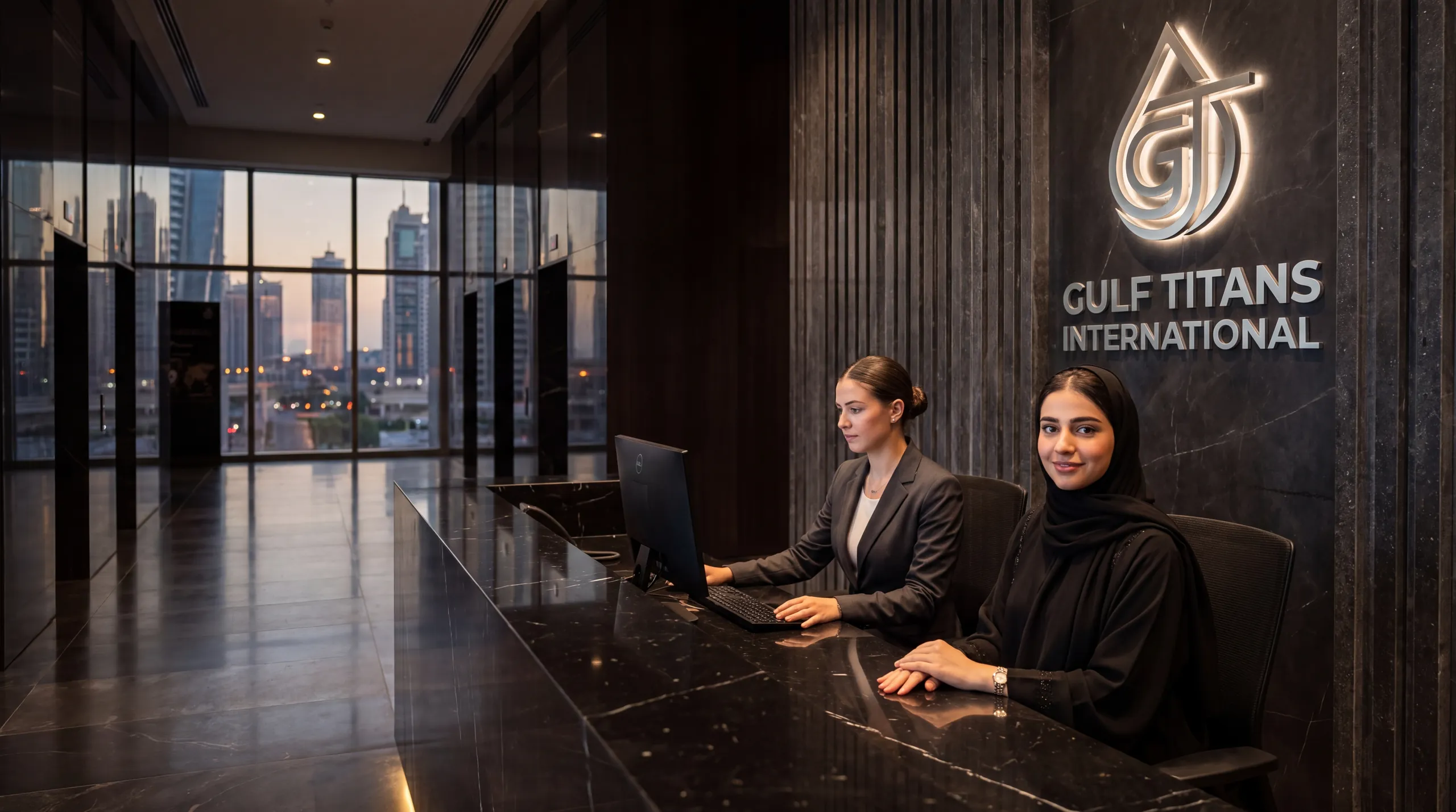 L’accueil de Gulf Titans International à Dubaï, deux hôtesses derrière un comptoir en marbre sombre devant le logo de la société