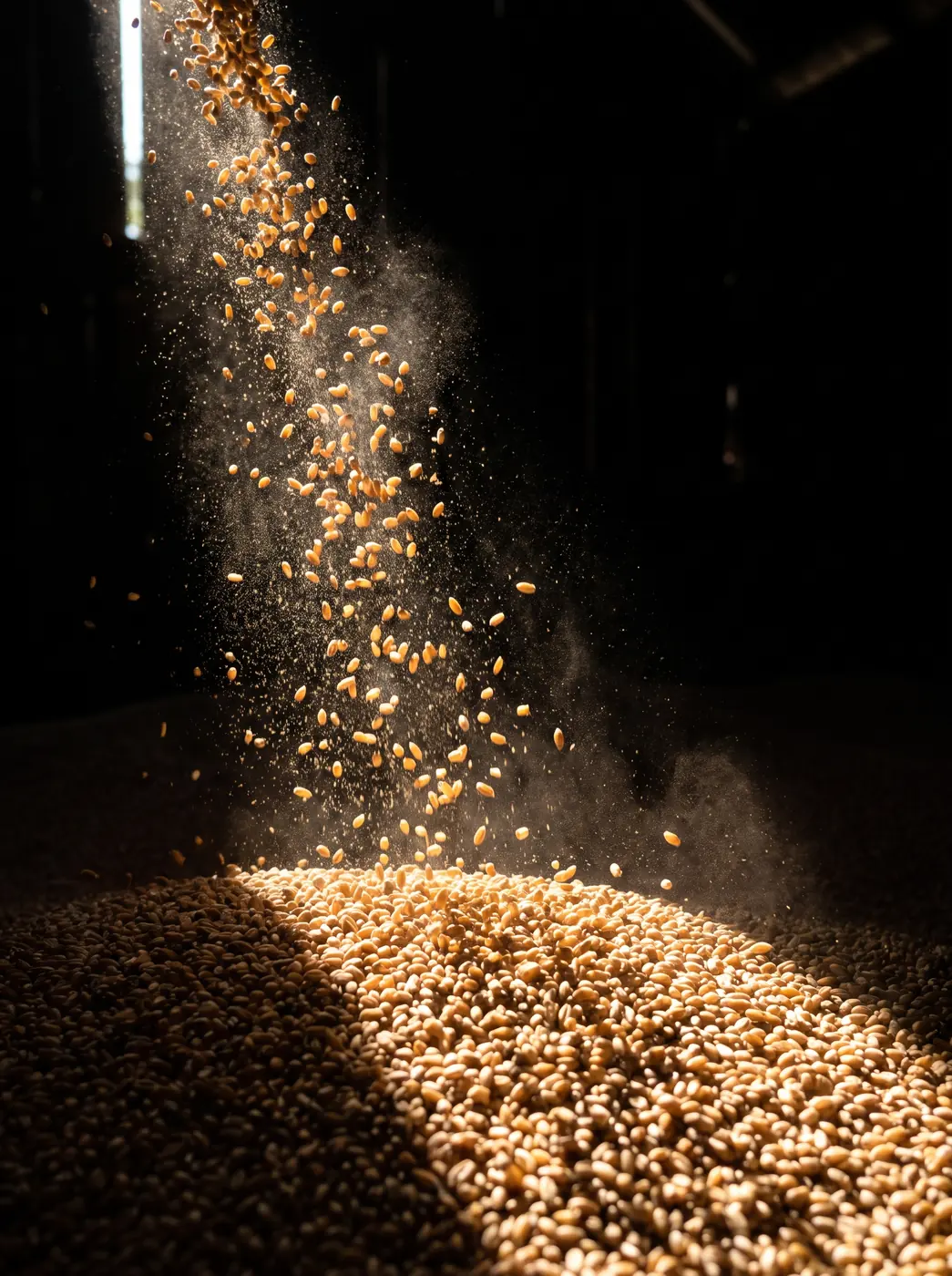 Grains de blé tombant dans un rai de lumière