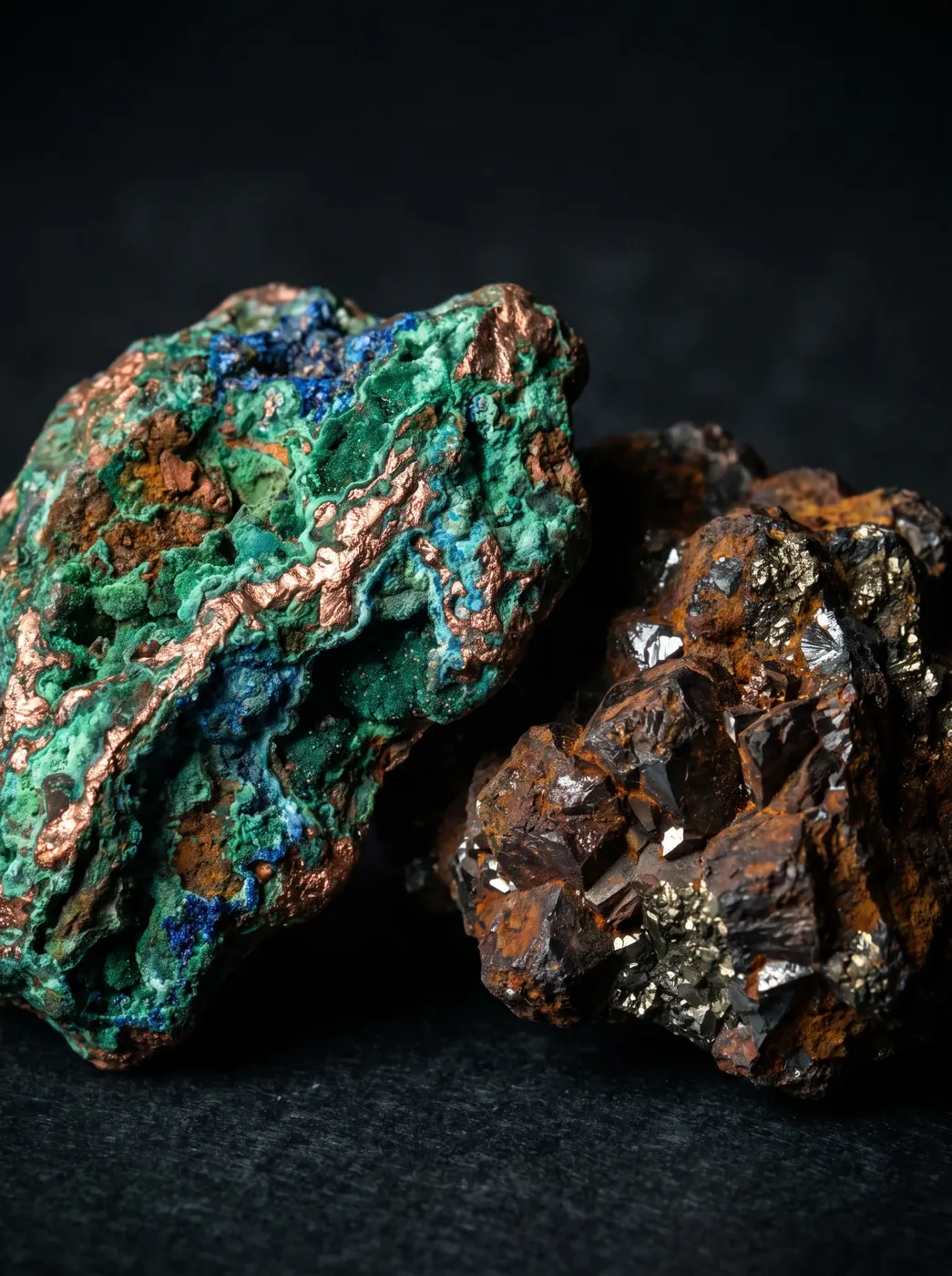 Blocs de minerai de cuivre et de fer à l’éclat métallique
