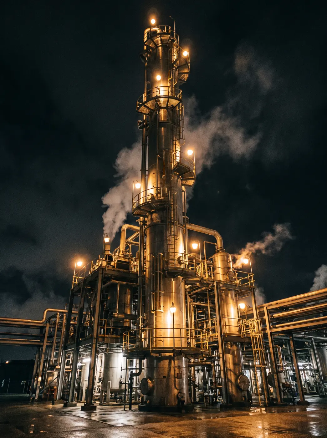 Colonne de distillation d’une raffinerie éclairée de nuit