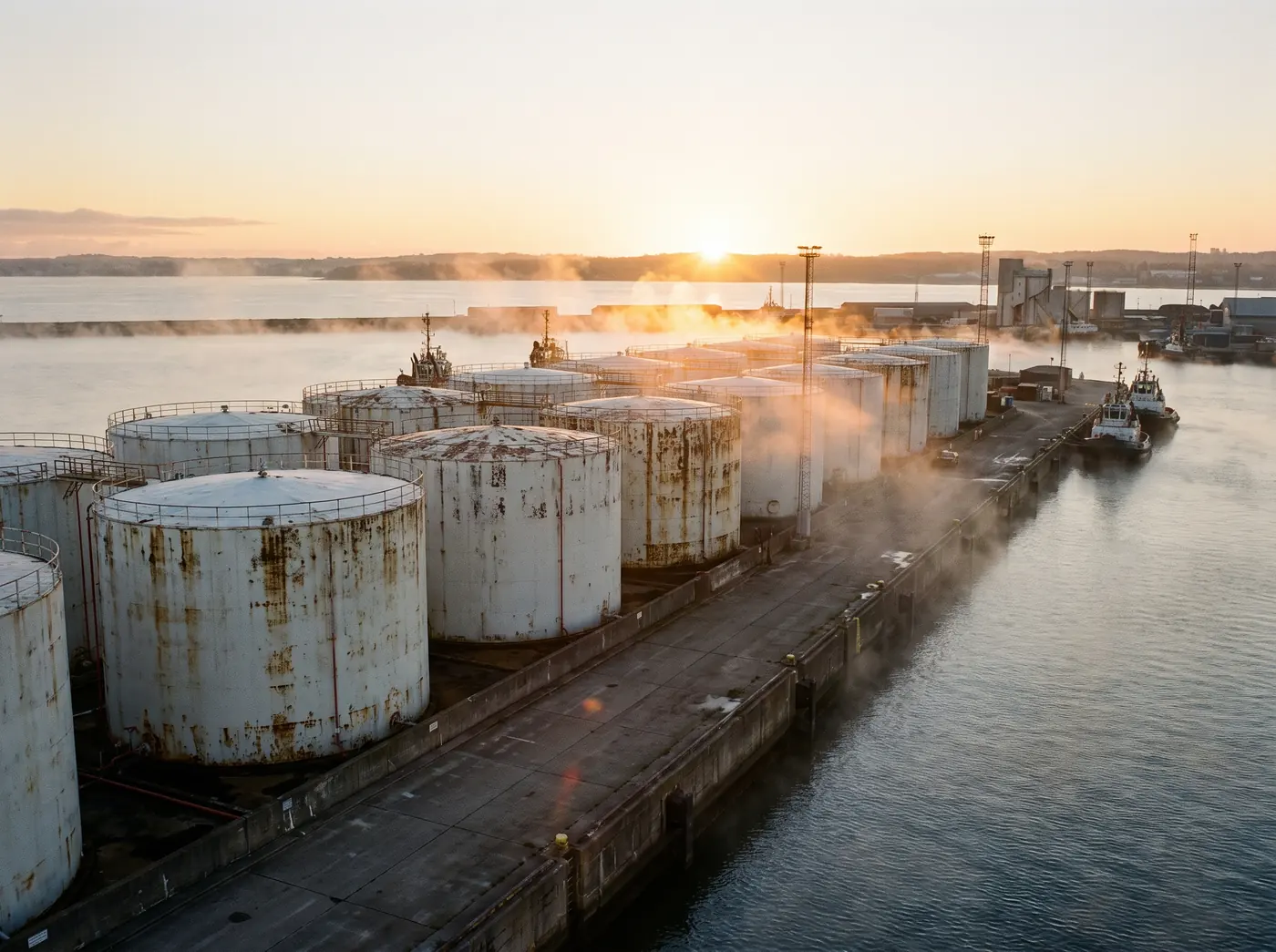 Rows of white diesel storage tanks along a quay at dawn