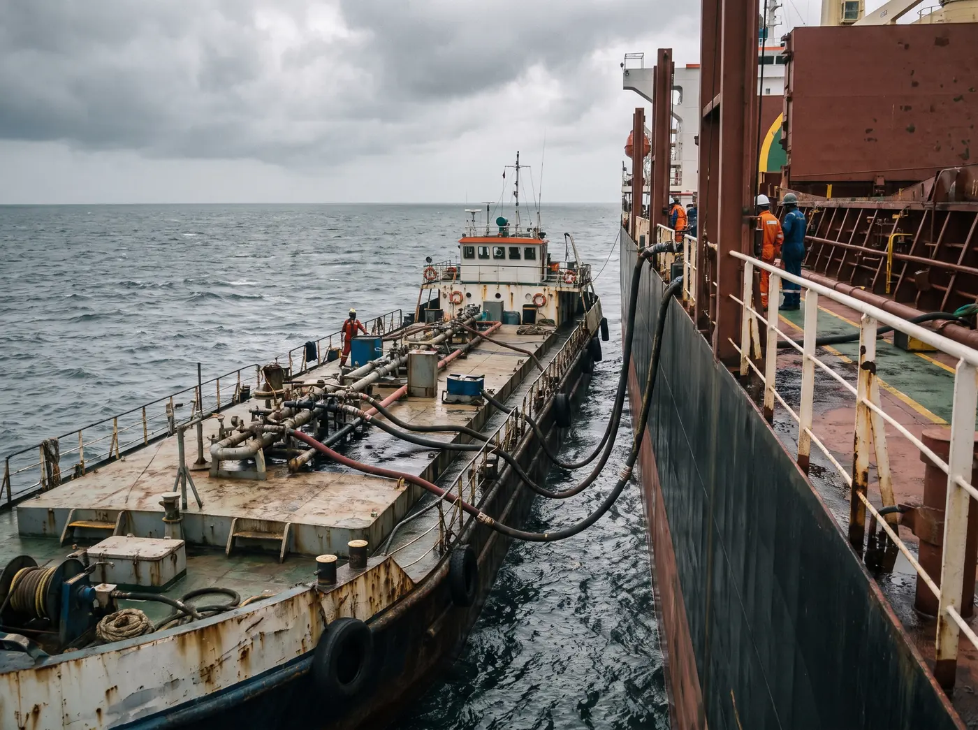 A bunker barge delivering fuel oil alongside a ship