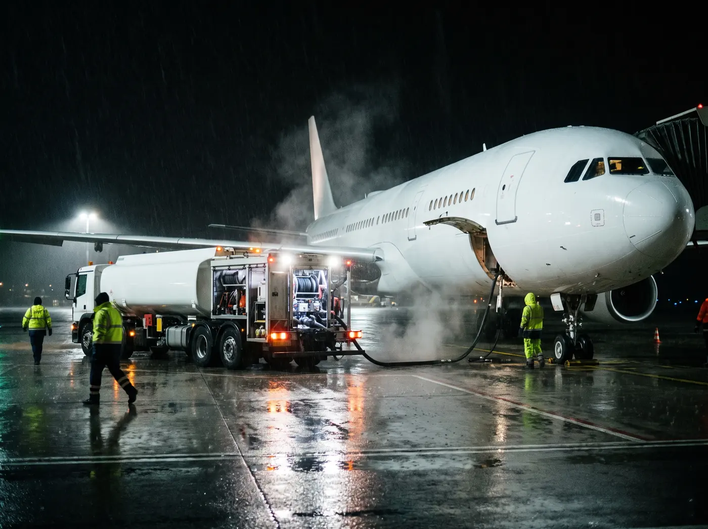 A fuel truck refuelling an airliner at night