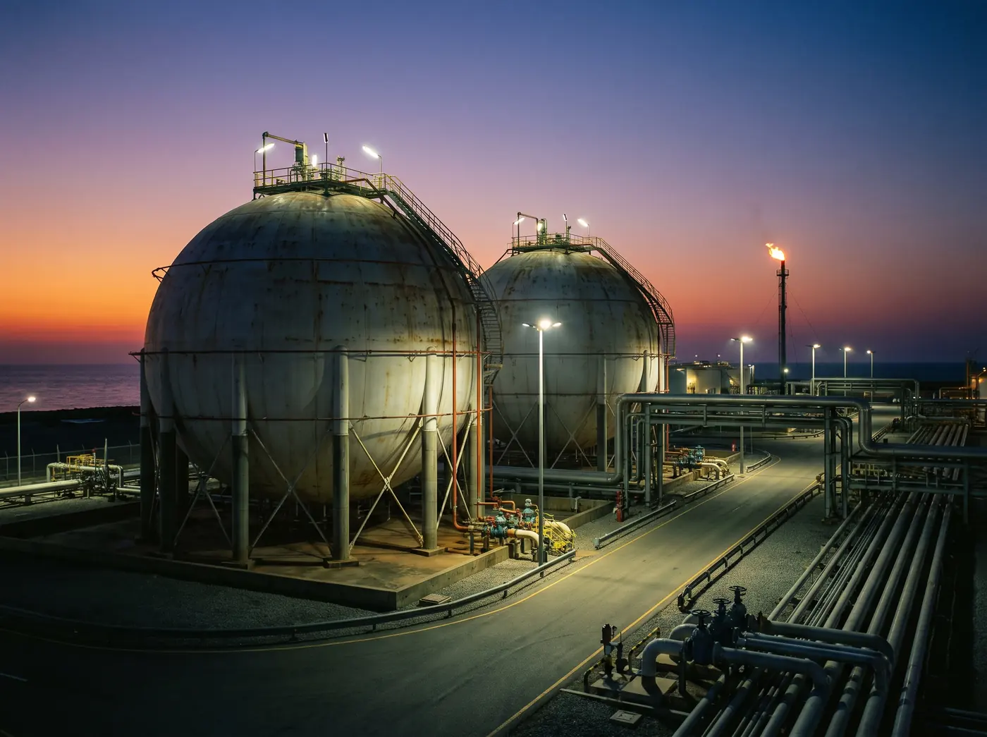 Spherical LPG storage tanks at dusk
