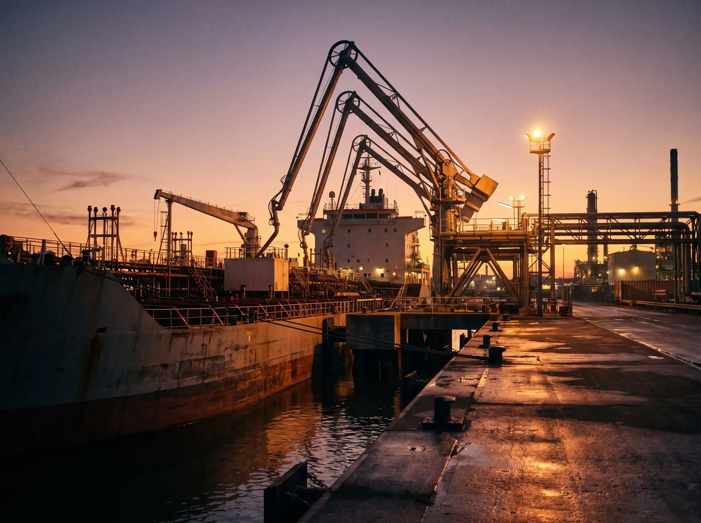 A product tanker berthed at a refinery jetty at dusk